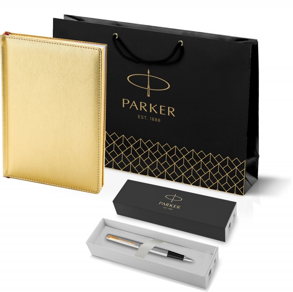 фото Набор: ежедневник золотистый и ручка перьевая parker jotter stainless steel gt, f синяя