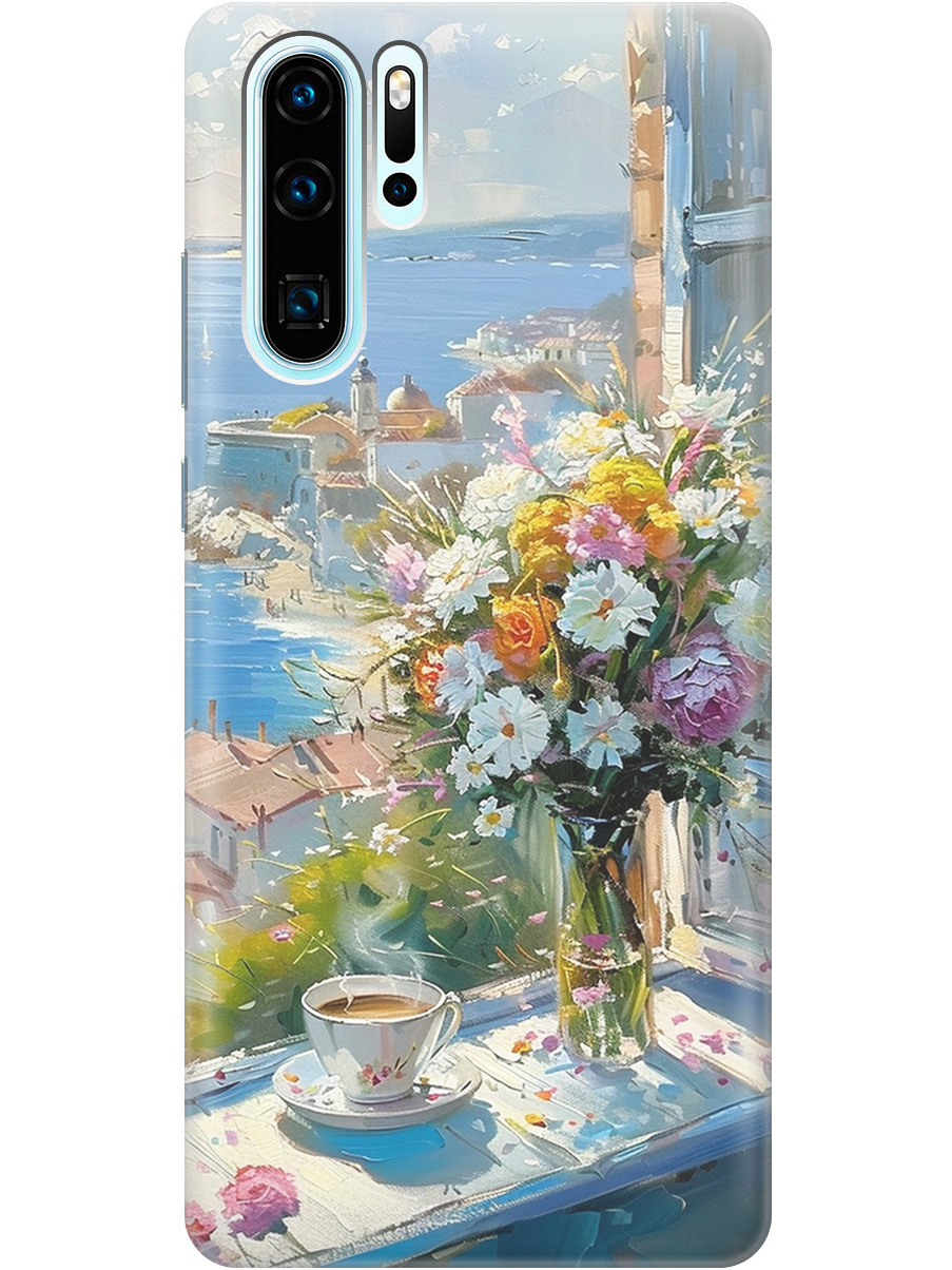 

Силиконовый чехол на Huawei P30 Pro с принтом "Букет цветов и кофе", Прозрачный;белый;голубой, 720762422