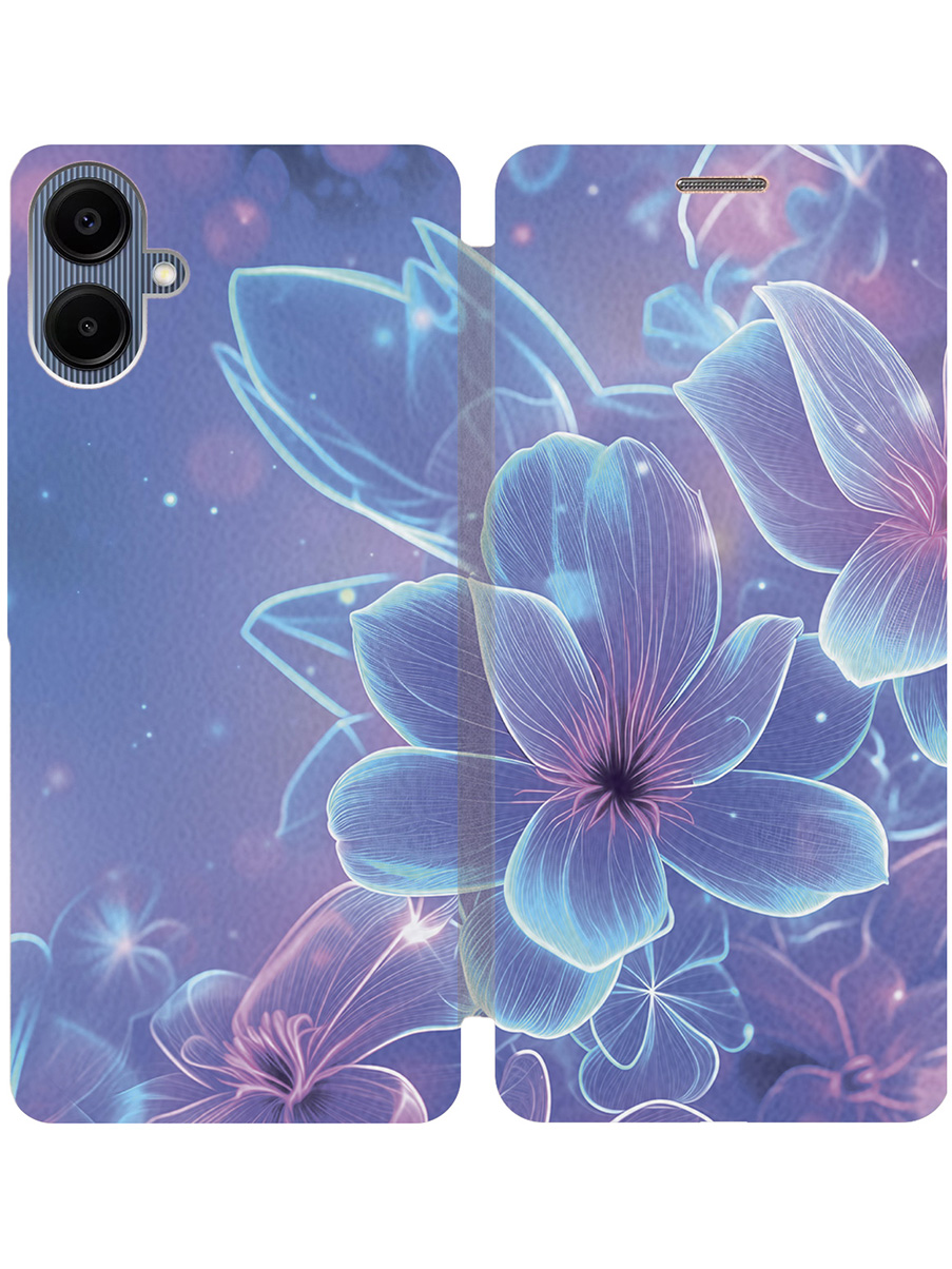 

Чехол-книжка на Samsung Galaxy A06 с принтом "Неоновые лилии" золотой, Золотистый;фиолетовый, 786717523