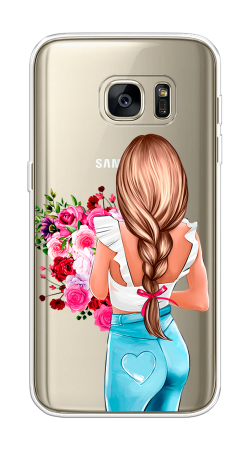 

Чехол на Samsung Galaxy S7 "Девушка с цветами", Коричневый;розовый;голубой, 24550-6