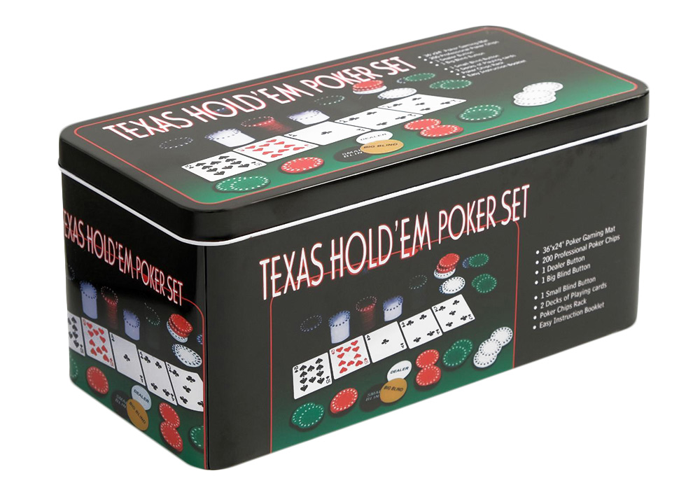 

Набор для покера Texas Holdem в жестяном кейсе, 200 фишек с номиналом