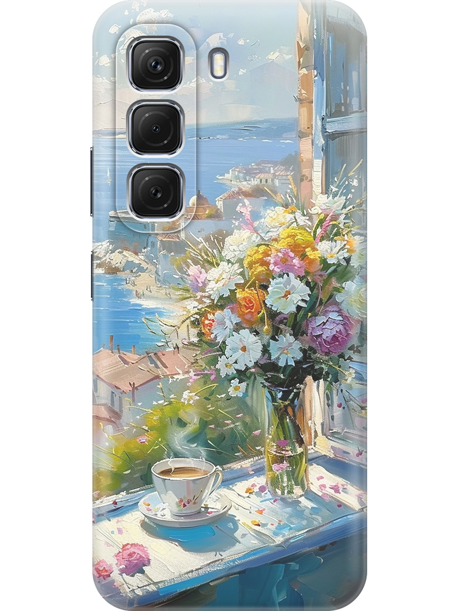 

Силиконовый чехол на Infinix Hot 50 4G с принтом "Букет цветов и кофе", Прозрачный;белый;голубой, 786718722