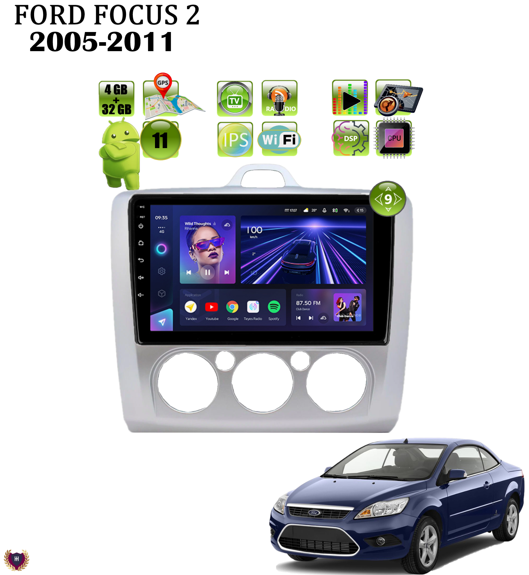 Автомагнитола Podofo для Ford Focus 2 кондиционер (2005-2011), Android 11, 4/32Gb, Wi-Fi