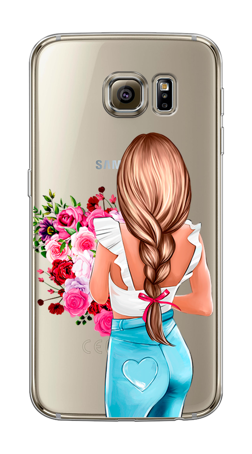 

Чехол на Samsung Galaxy S6 edge "Девушка с цветами", Коричневый;розовый;голубой, 24450-6