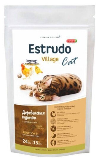Сухой корм для кошек Estrudo Village Cat Деревенская курочка, для красивой шерсти, 10 кг