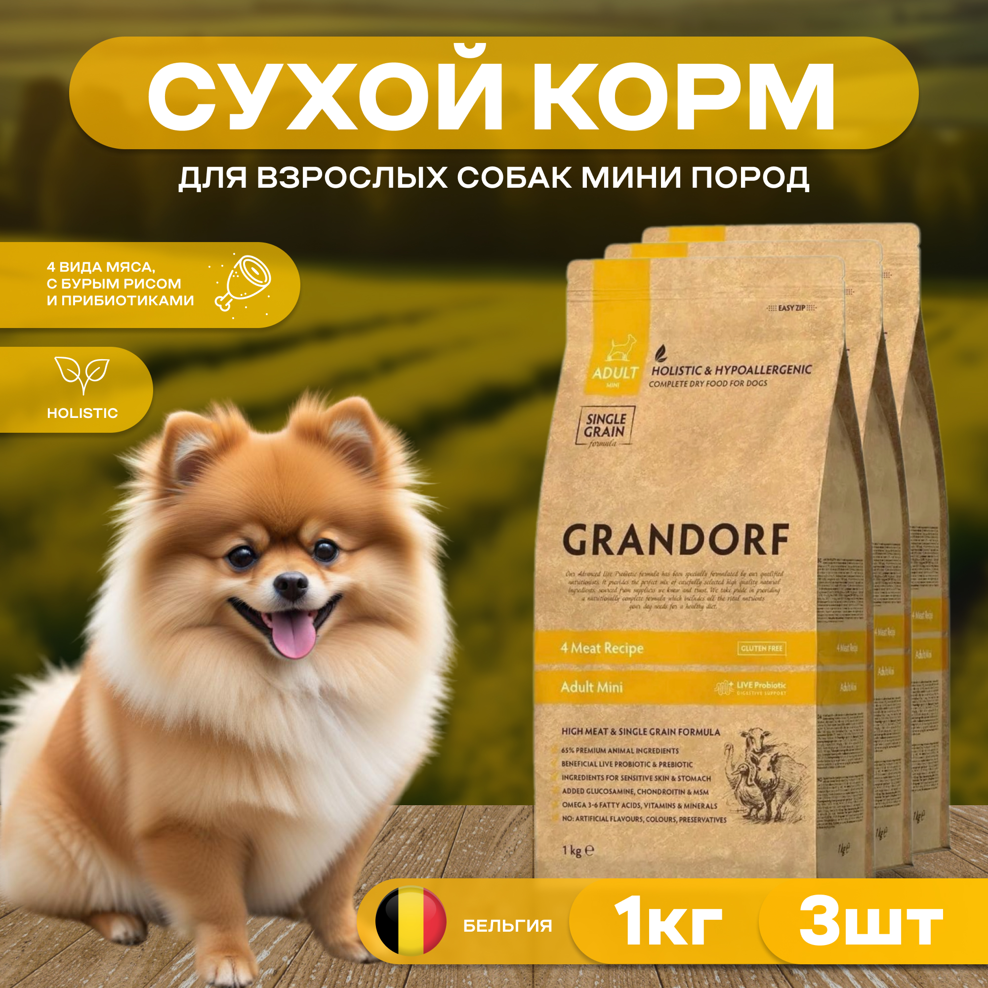 

Сухой корм Grandorf DOG MINI для собак мелких пород, 4 мяса с пробиотиками (1 кг х 3 шт)