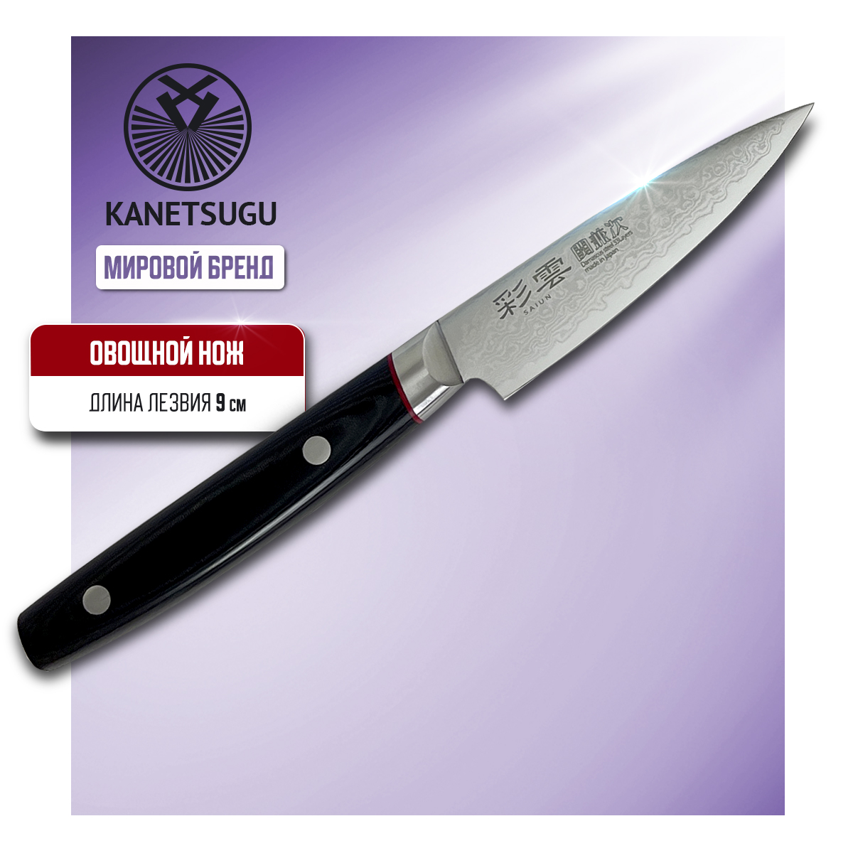 Нож кухонный Kanetsugu Saiun Damascus 9000 для чистки овощей и фруктов 9 см