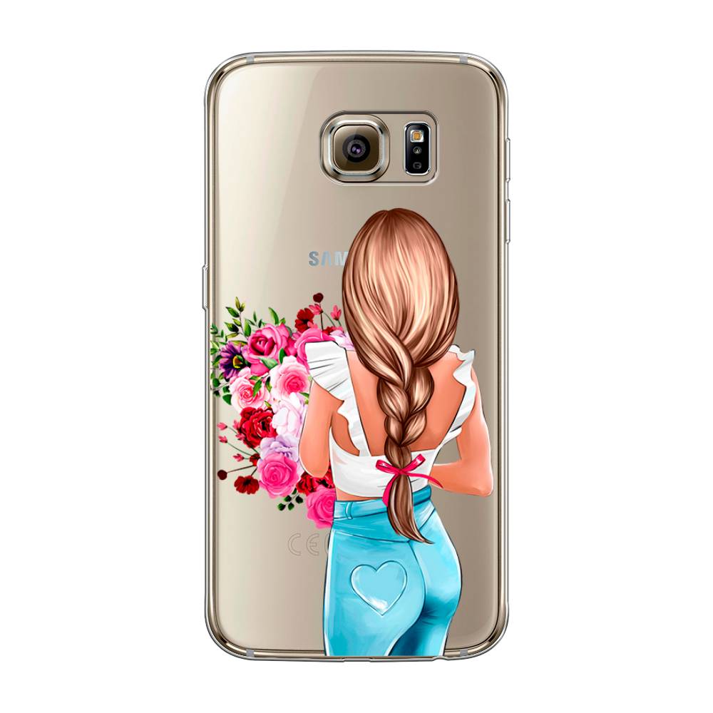 

Чехол на Samsung Galaxy S6 "Девушка с цветами", Коричневый;розовый;голубой, 24350-6