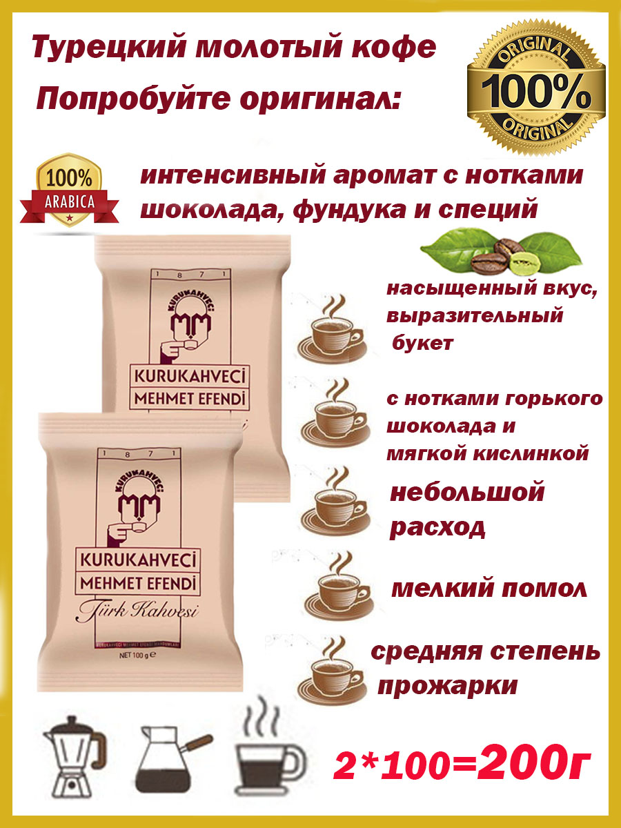 Кофе молотый Kurukahveci Mehmet Efendi турецкий натуральный, 100 г х 2 шт