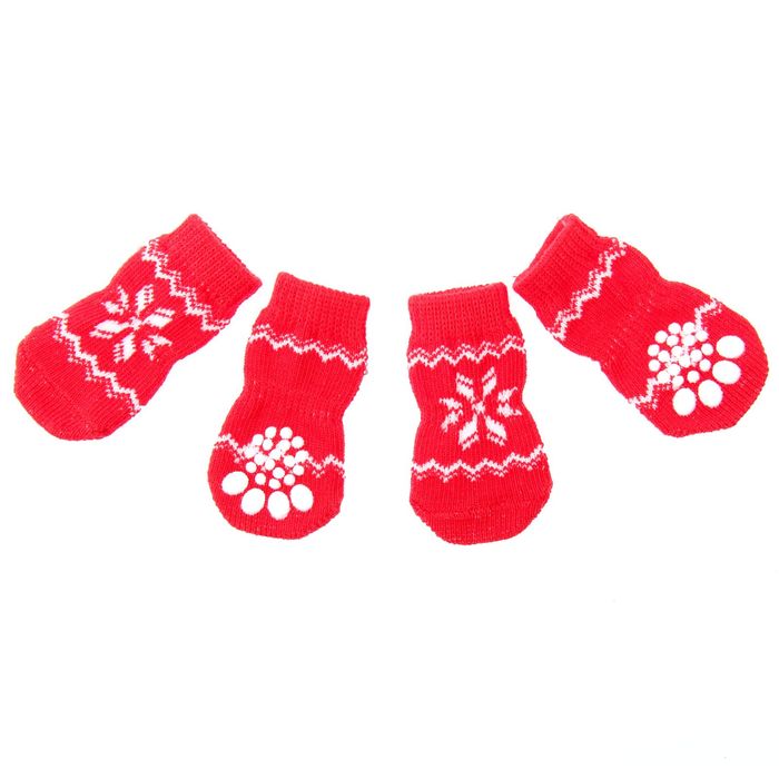 Носки Снежинка, нескользящие, размер М (3/4х7 см), набор 4 шт, красные
