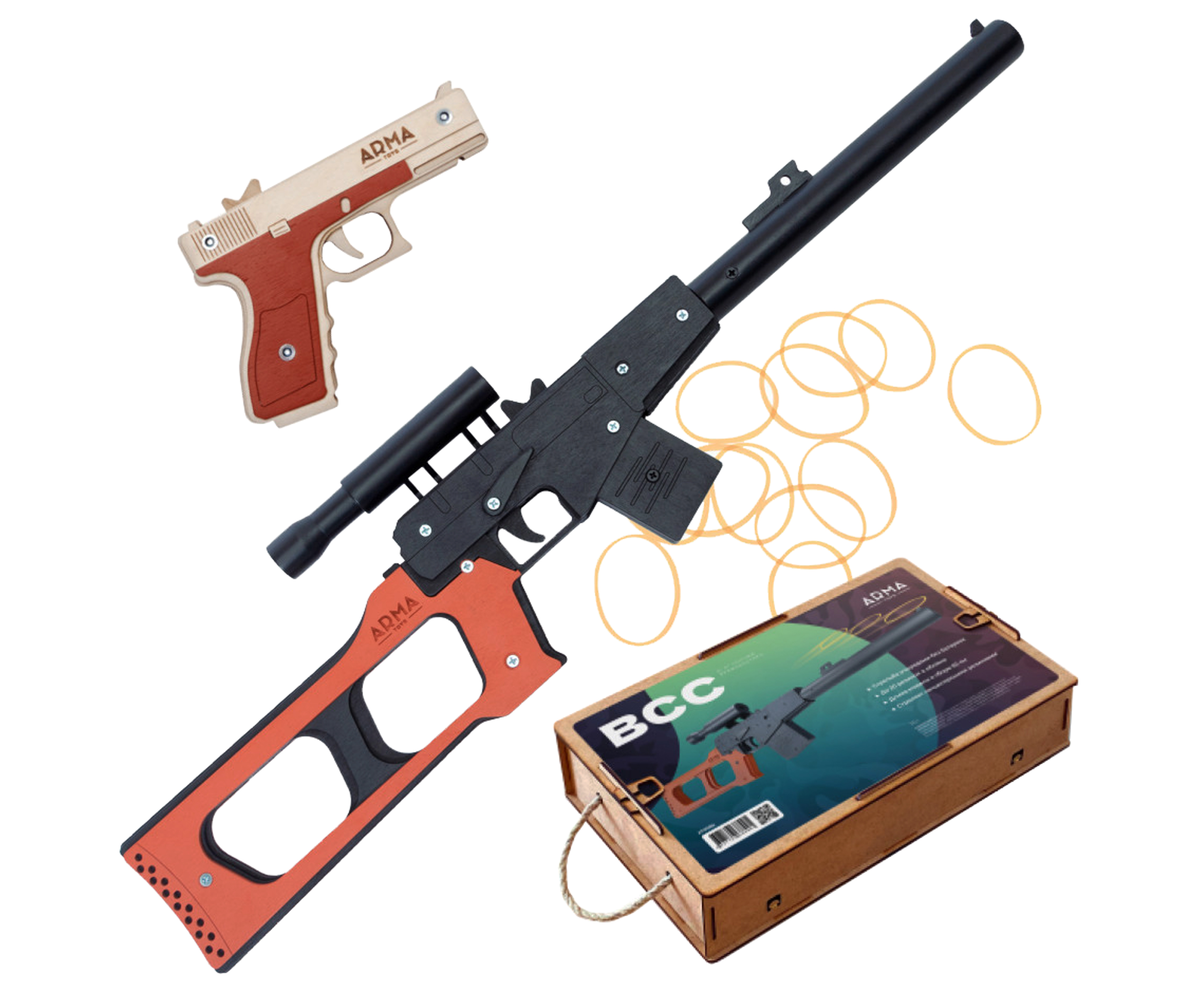Набор игрушечных резинкострелов Arma toys Спецназ ГРУ пистолет Glock,винтовка ВСС Винторез набор резинкострелов arma toys спецназ фбр 2 винтовка m4 пистолет глок at510