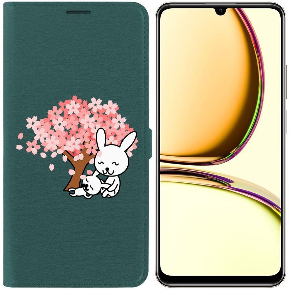 

Чехол-книжка Krutoff Eco Book для Realme C51 Кролики (зелёный опал), Зеленый