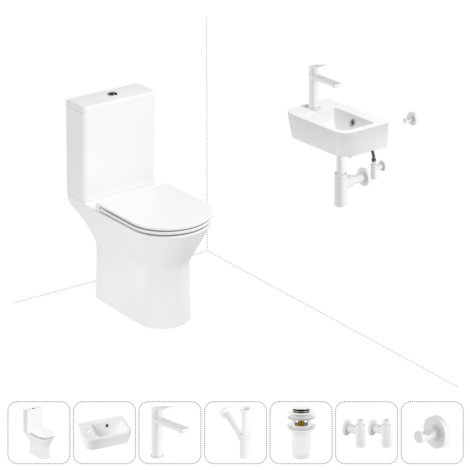 

Безободковый напольный унитаз Lavinia Boho Elegant Rimless 202008839 в наборе 7 в 1, Белый, Набор для туалета_Elegant_3308202R_левсторонняя раковина_ 7 в 1