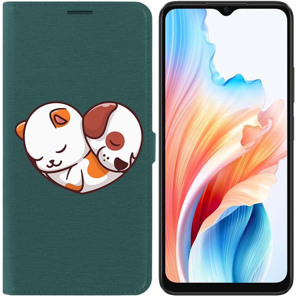 

Чехол-книжка Krutoff Eco Book для Oppo A38 4G Котёнок и Щенок (зелёный опал), Зеленый