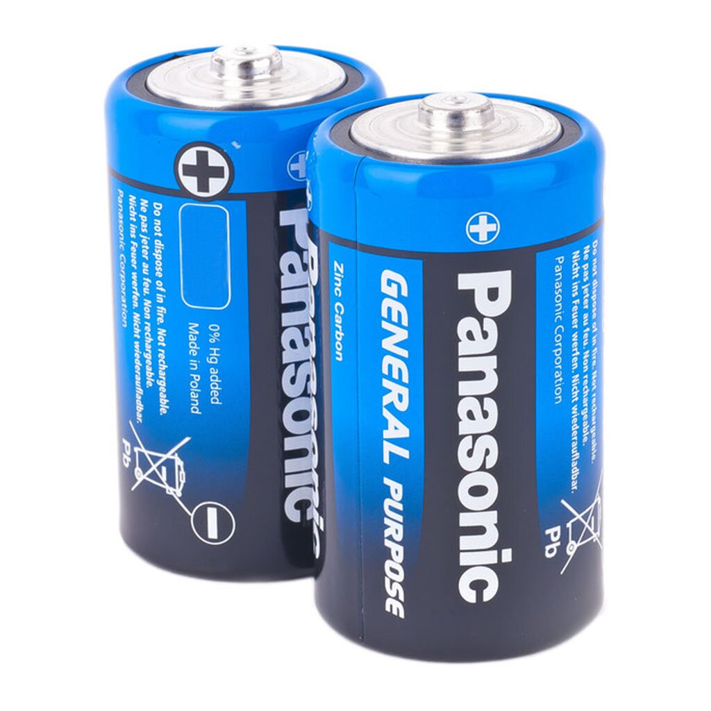 батарейка panasonic ааа lr03 r3 zinc carbon general purpose солевая 1 5 в спайка 4 шт Батарейка Panasonic, D (R20), Zinc-carbon General Purpose, солевая, 1.5 В, спайка, 2 шт
