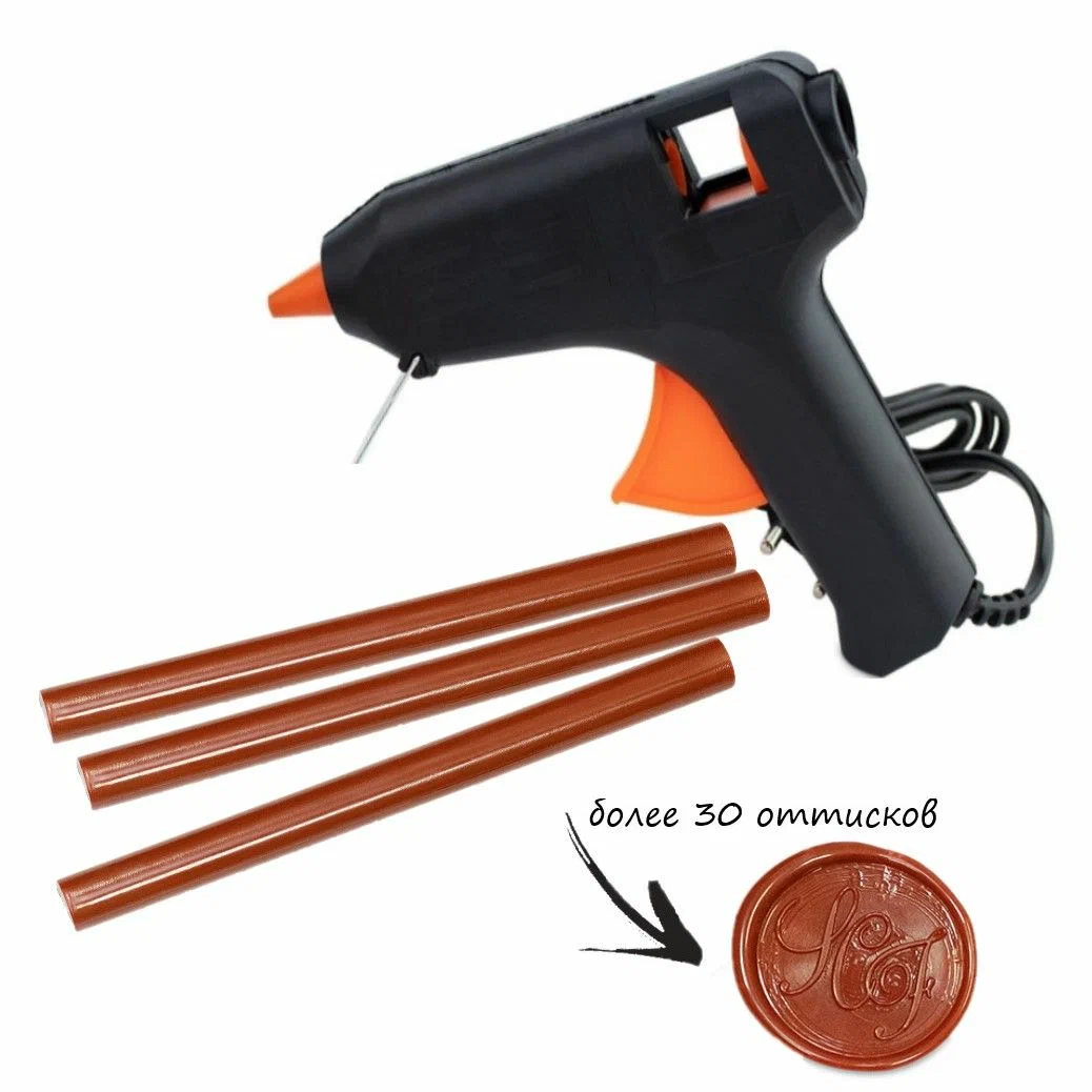Пистолет для сургуча и 3 сургучных стержня Надежные пломбы, коричнево-красного цвета