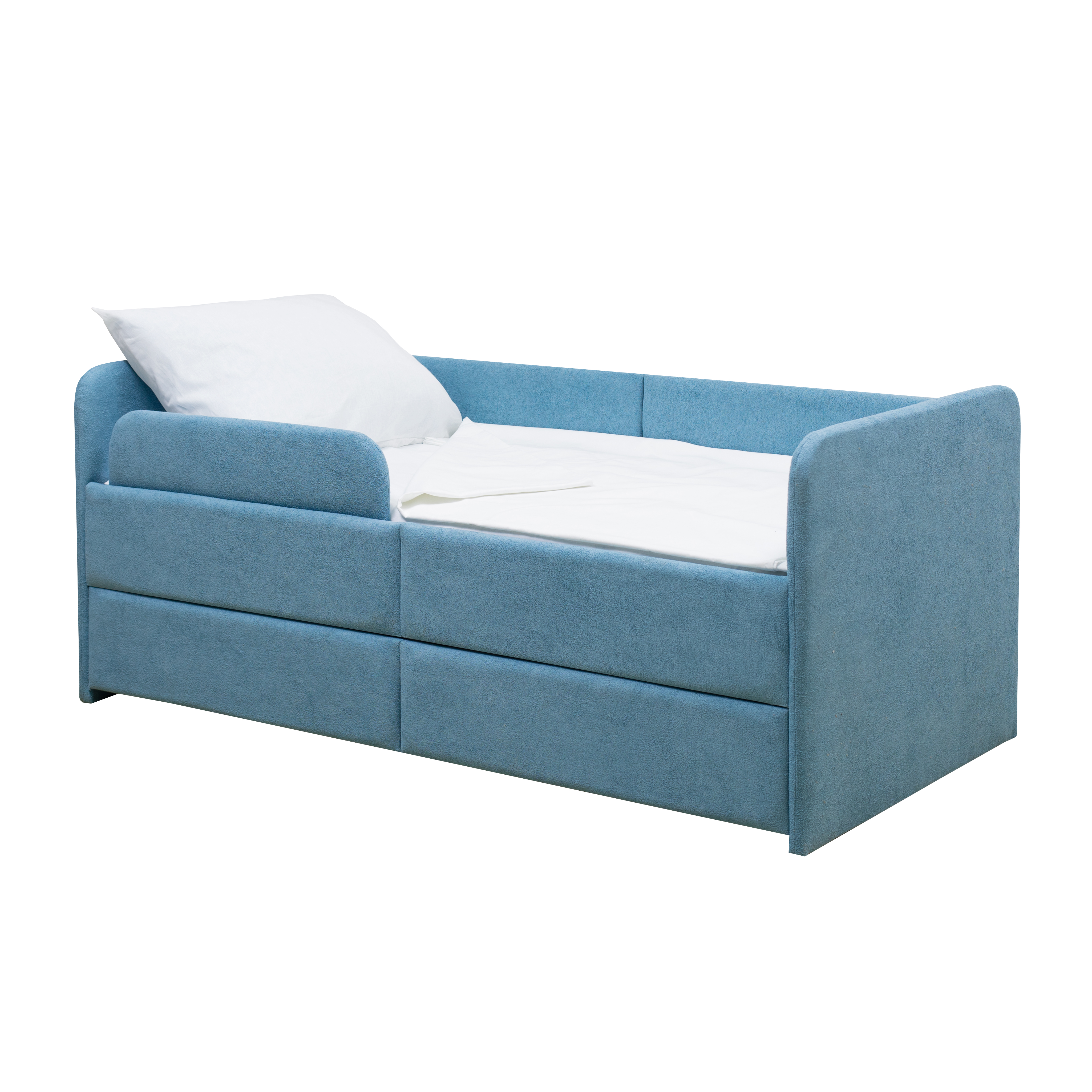 Кровать детская М-СТИЛЬ Смайл голубая с защитным бортиком и ящиками для хранения 1400*700