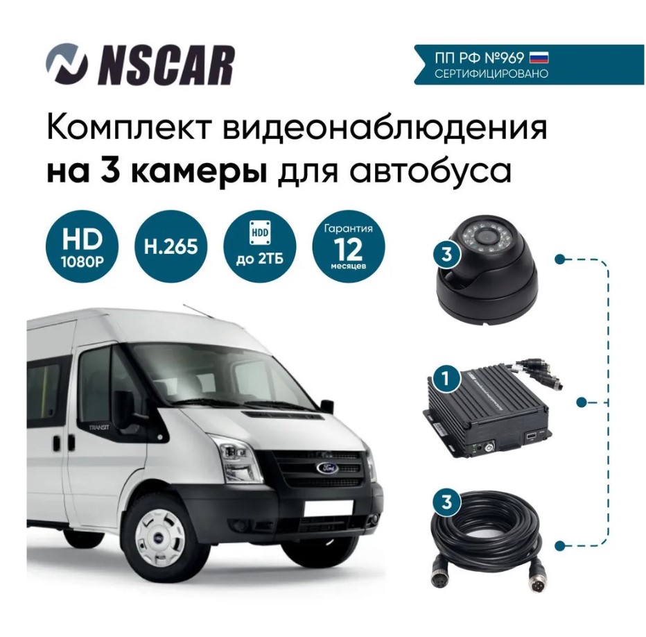 Видеорегистратор NSCAR для автобусов и маршрутных такси, комплект на 3 камеры