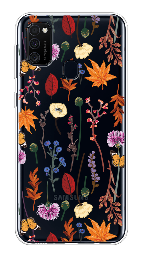 

Чехол на Samsung Galaxy M21/M30s "Orange Purple flowers", Оранжевый;красный;розовый;желтый;прозрачный, 29850-1