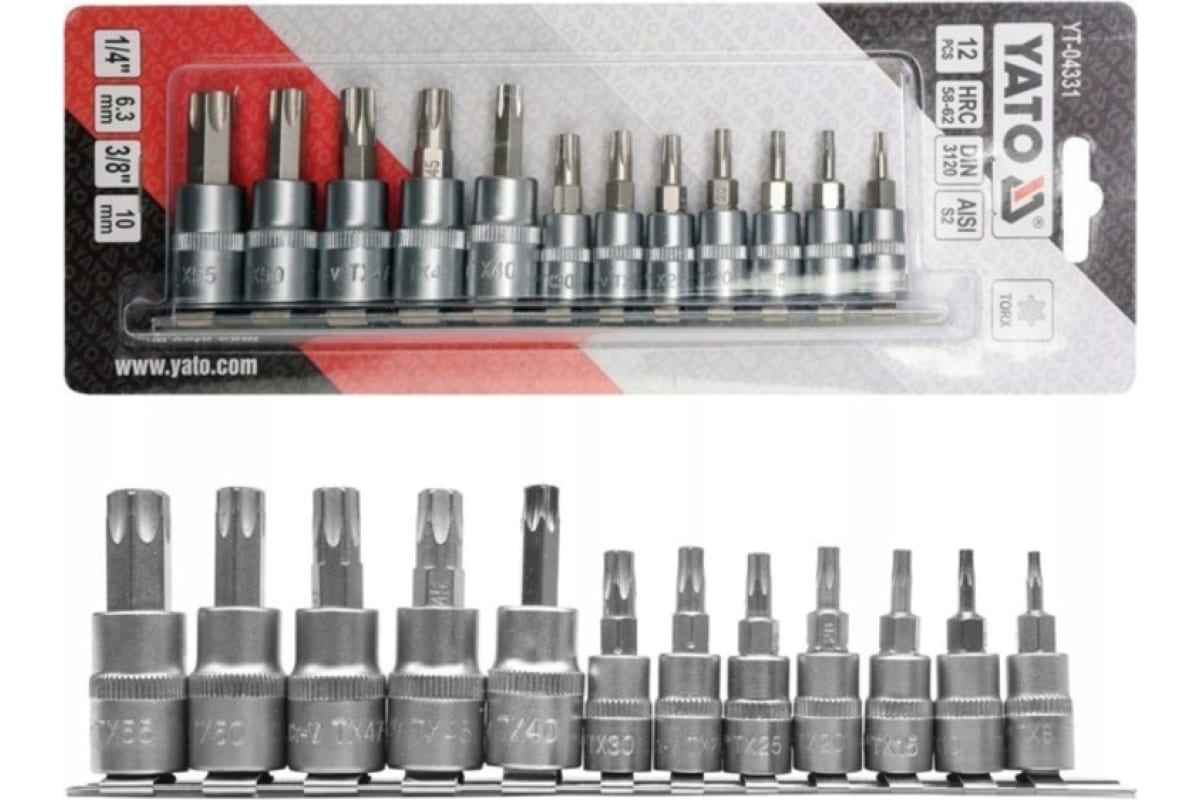 Набор головок-бит TORX с отвесртием, 12 пр: 1/4 inch - T8, T10, T15, T20, T25, T27, T30, 3