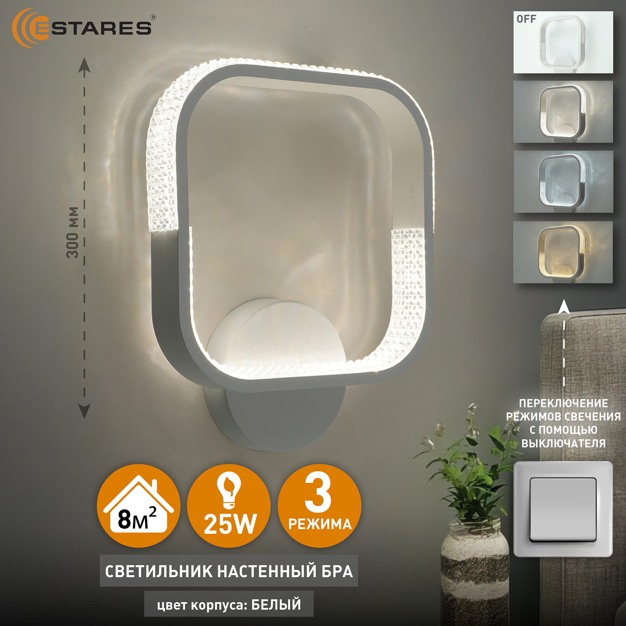 Светильник Estares MISTER 25W-ONOFF-300x250-WHITECLEAR-220-IP20 1832₽