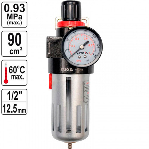 фото Фильтр влагоотделителя пневмосистемы 1/2inch с редуктором и манометром 0,93мпа yato