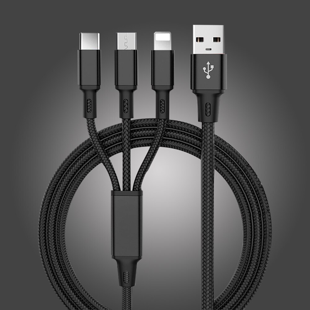 Кабель 3 в 1 micro USB, USB-C, Lightning, 2А, текстильная оплетка, 1 м