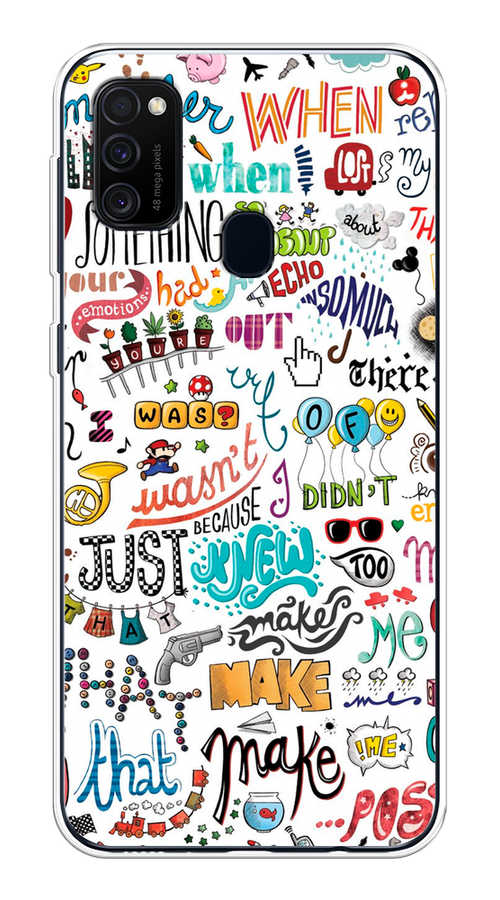

Чехол на Samsung Galaxy M21/M30s "Много надписей", Белый;серый;голубой, 29850-1