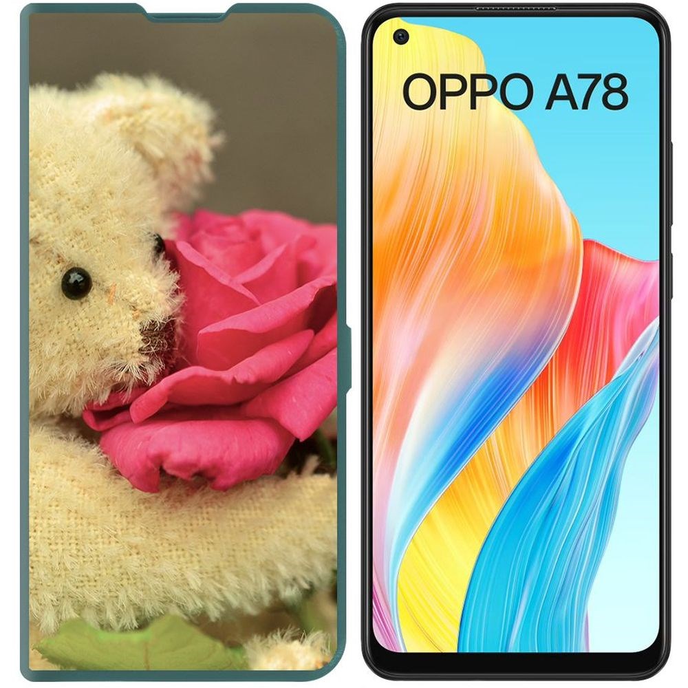 

Чехол-книжка Krutoff Eco Book для Oppo A78 4G Медвежонок с розой (зелёный опал), Зеленый