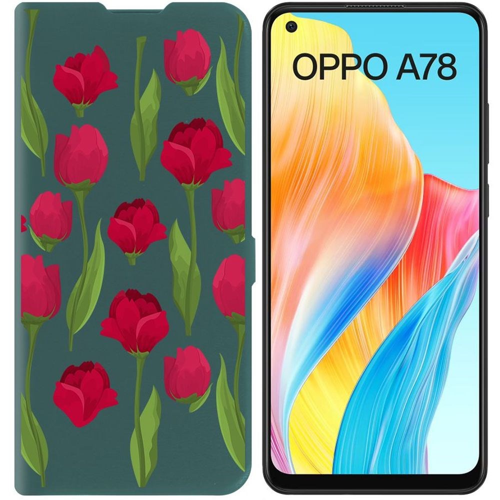 

Чехол-книжка Krutoff Eco Book для Oppo A78 4G Розы паттерн (зелёный опал), Зеленый