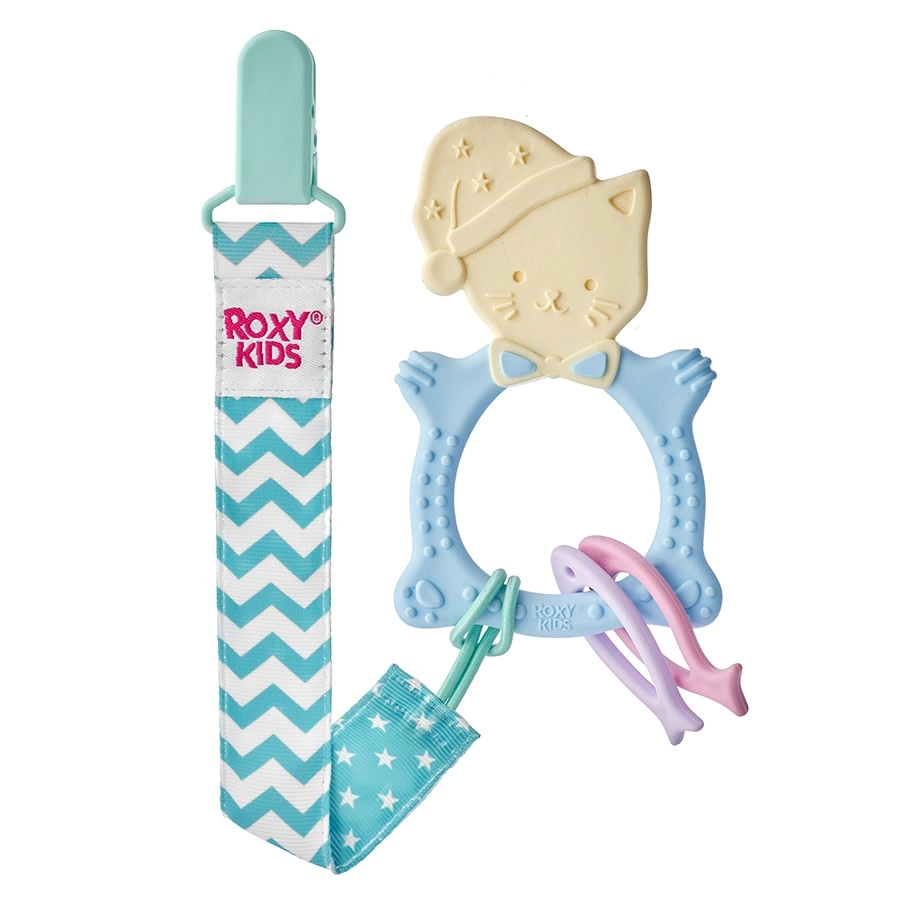 Прорезыватель классический ROXY-KIDS, Meow teether с клипсой-держателем 3+, голубой