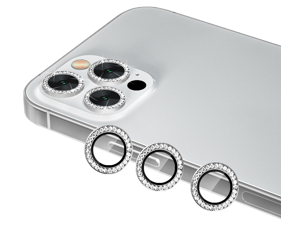 

Защитное стекло Qvatra на камеру iPhone 13 Pro со стразами, серебристый, iPhone 13 Pro со стразами