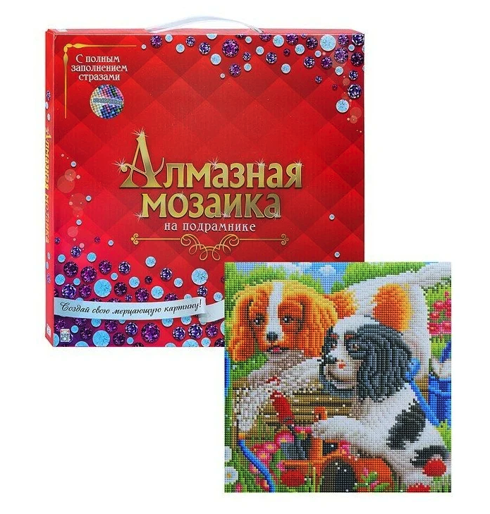 

Алмазная мозаика Игривые щенки спаниеля, 30х30 см, 32 цв, полн. заполнение, с подр.
