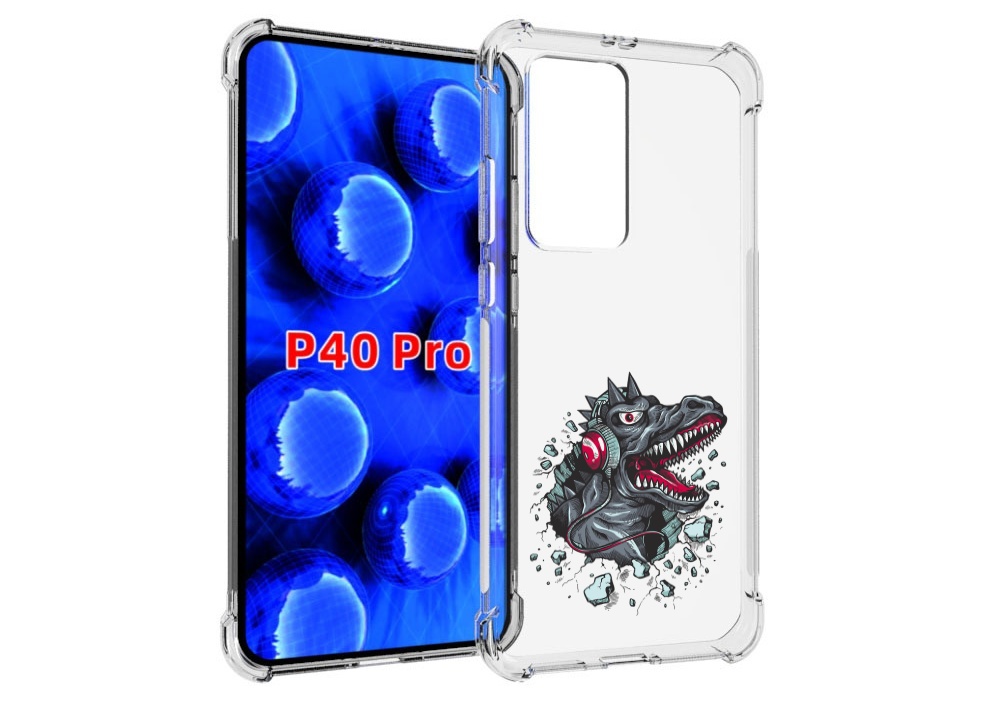 Чехол MyPads Нарисованный динозавр в наушниках для Huawei P40 Pro противоударный