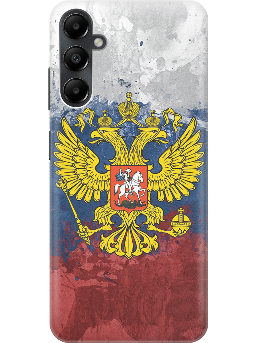 

Силиконовый чехол на Samsung Galaxy A05s "Герб и Флаг РФ", Голубой;желтый;красный, 20001456