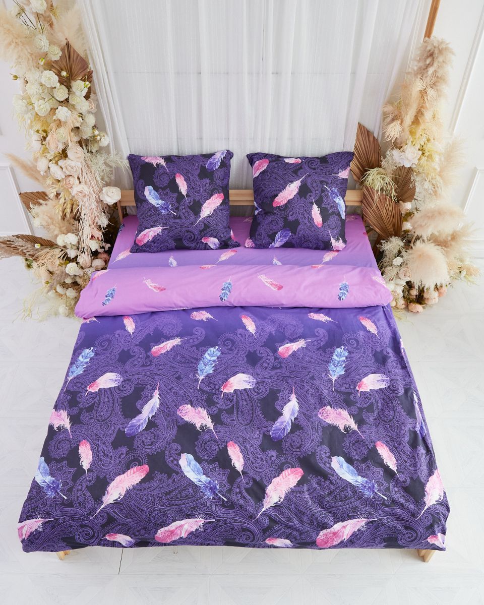 фото Комплект постельного белья из перкаля "всё себе" перья фиолет 2 1.5 спальный