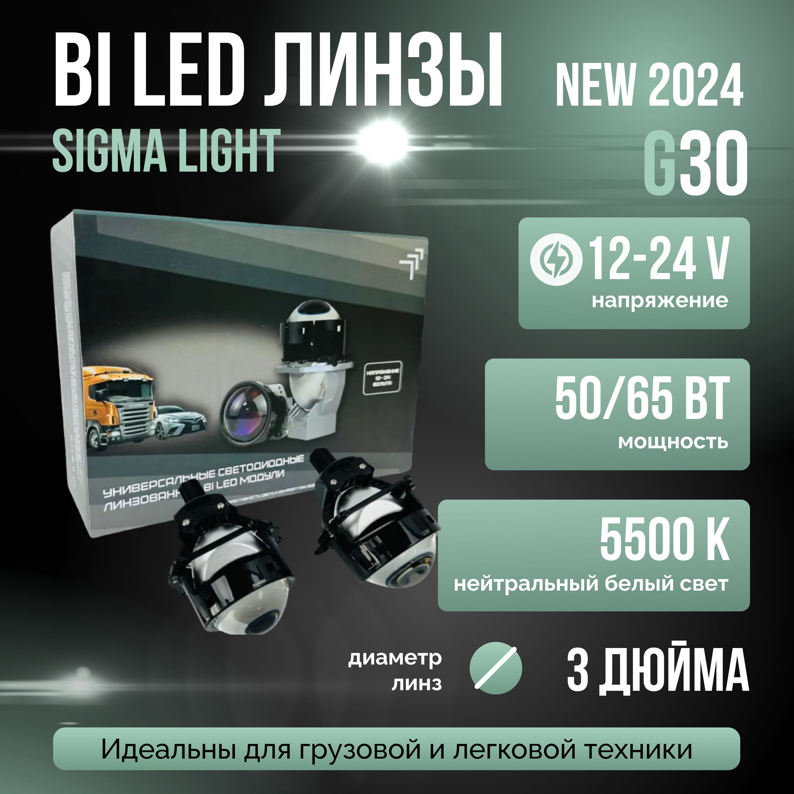 Би лед линзы светодиодные 3 дюйма Sigma Light G30, bi led модули ближнего и дальнего