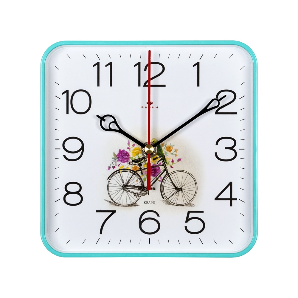 фото Часы настенные рубин квадратные 19х19 см, корпус бирюзовый "велосипед"