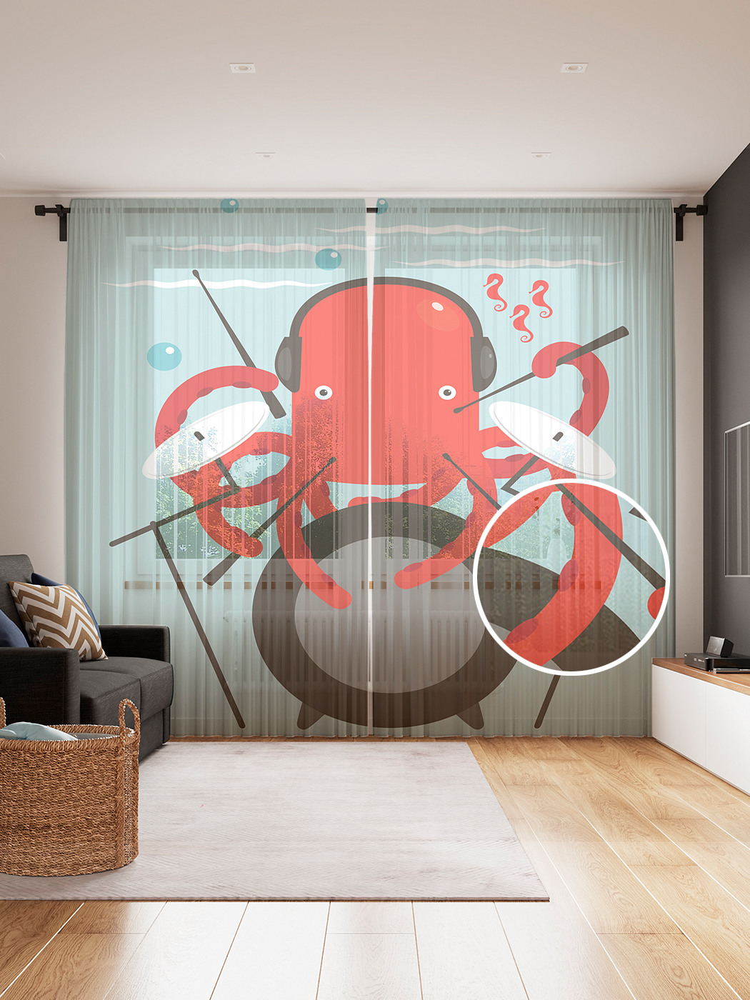 

Фототюль JoyArty "Осьминог барабанщик" 145x265см, 2 полотна, лента, 50 крючков, Осьминог барабанщик