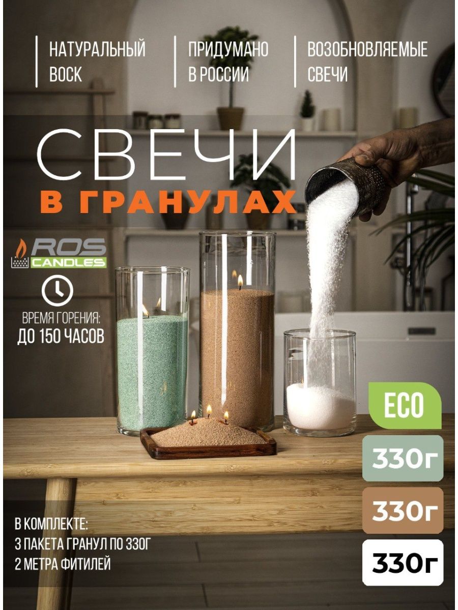 

Набор насыпные свечи RosCandles декоративные 3 цвета и фитиль 2м, микс