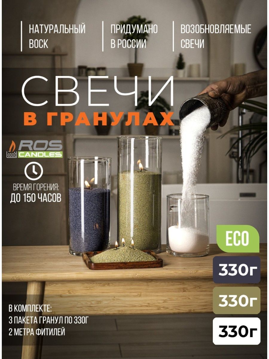 

Набор насыпные свечи RosCandles декоративные 3 цвета и фитиль 2м, микс