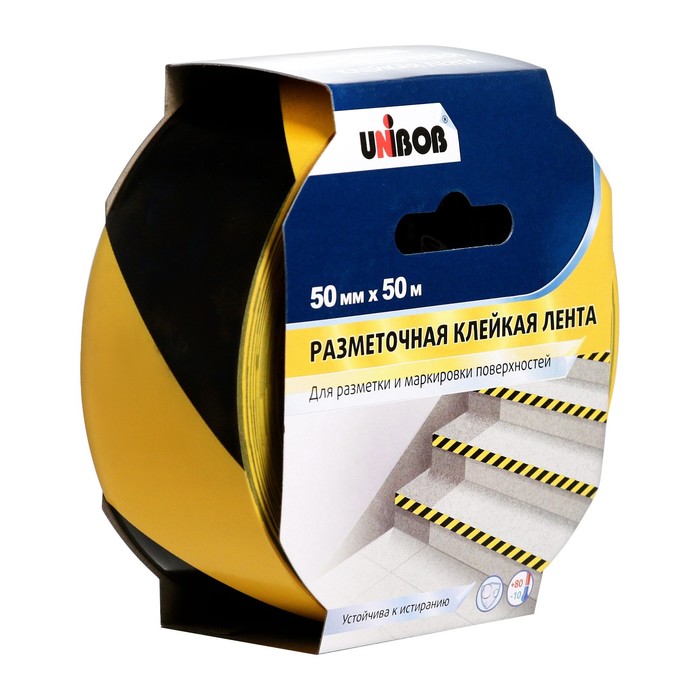 

Лента сигнальная, клейкая, разметочная "Unibob" желто-черная, ширина - 5 см, 50 м, Желтый;черный