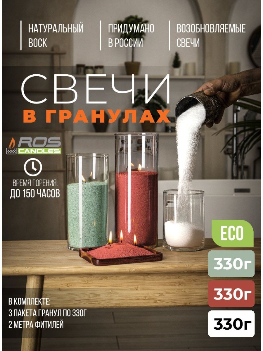 

Набор насыпные свечи RosCandles декоративные 3 цвета и фитиль 2м, микс