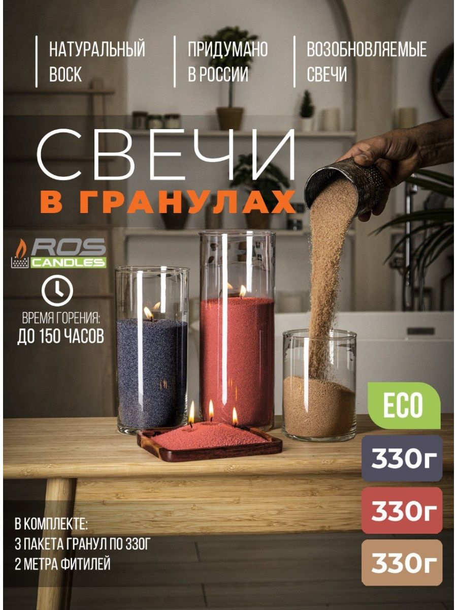 

Набор насыпные свечи RosCandles декоративные 3 цвета и фитиль 2м, микс