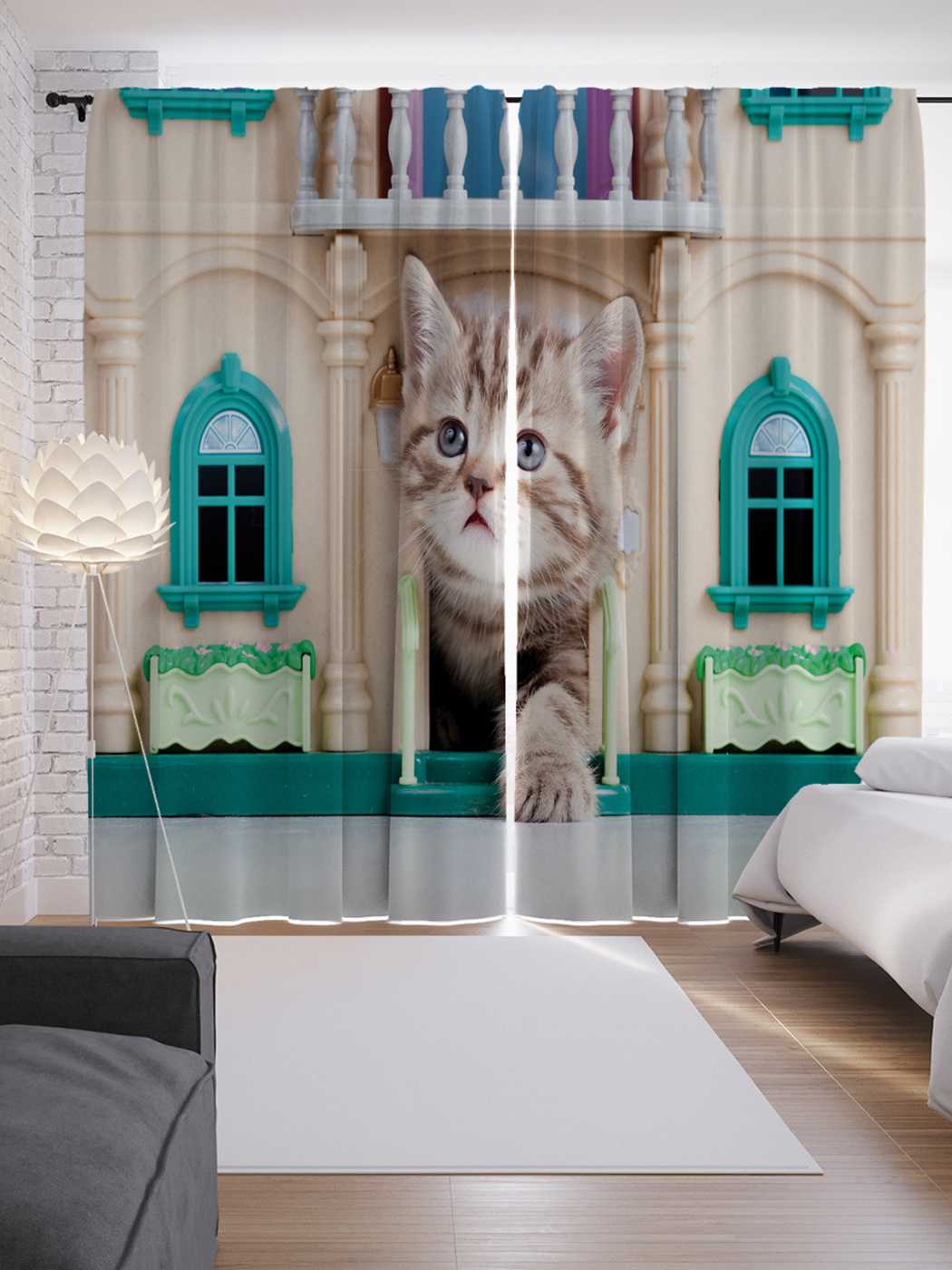 фото Шторы joyarty с фотопечатью "кошачий дом" из сатена, 290х265 см