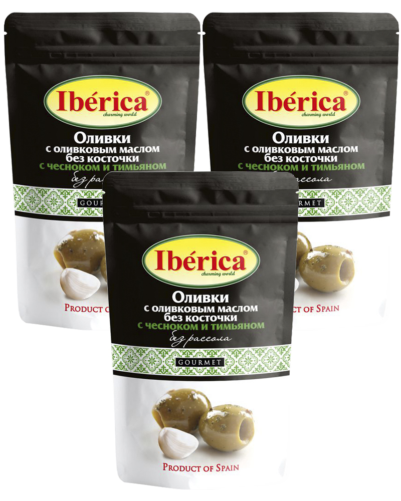 

Оливки Iberica с Оливковым Маслом, Чесноком и Тимьяном без Косточки 70 гр - 3 шт