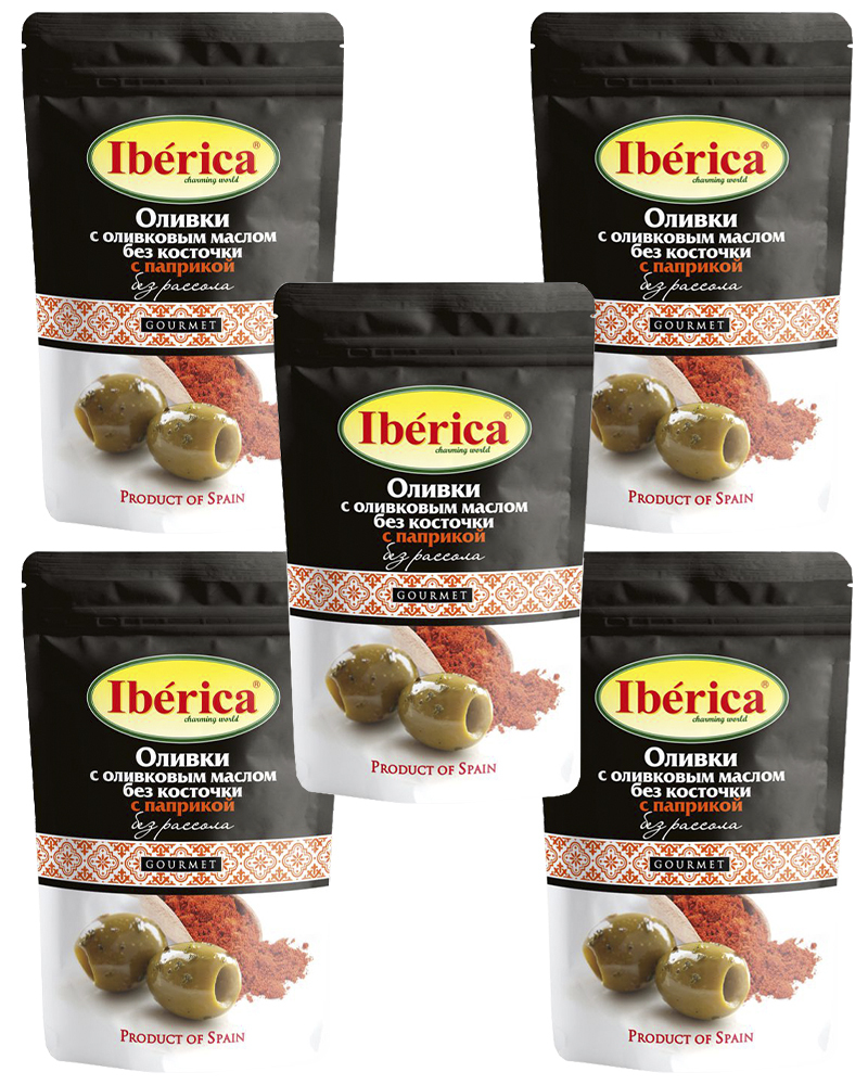 

Оливки Iberica с оливковым маслом и паприкой без косточки (без рассола) 70 гр - 5 шт