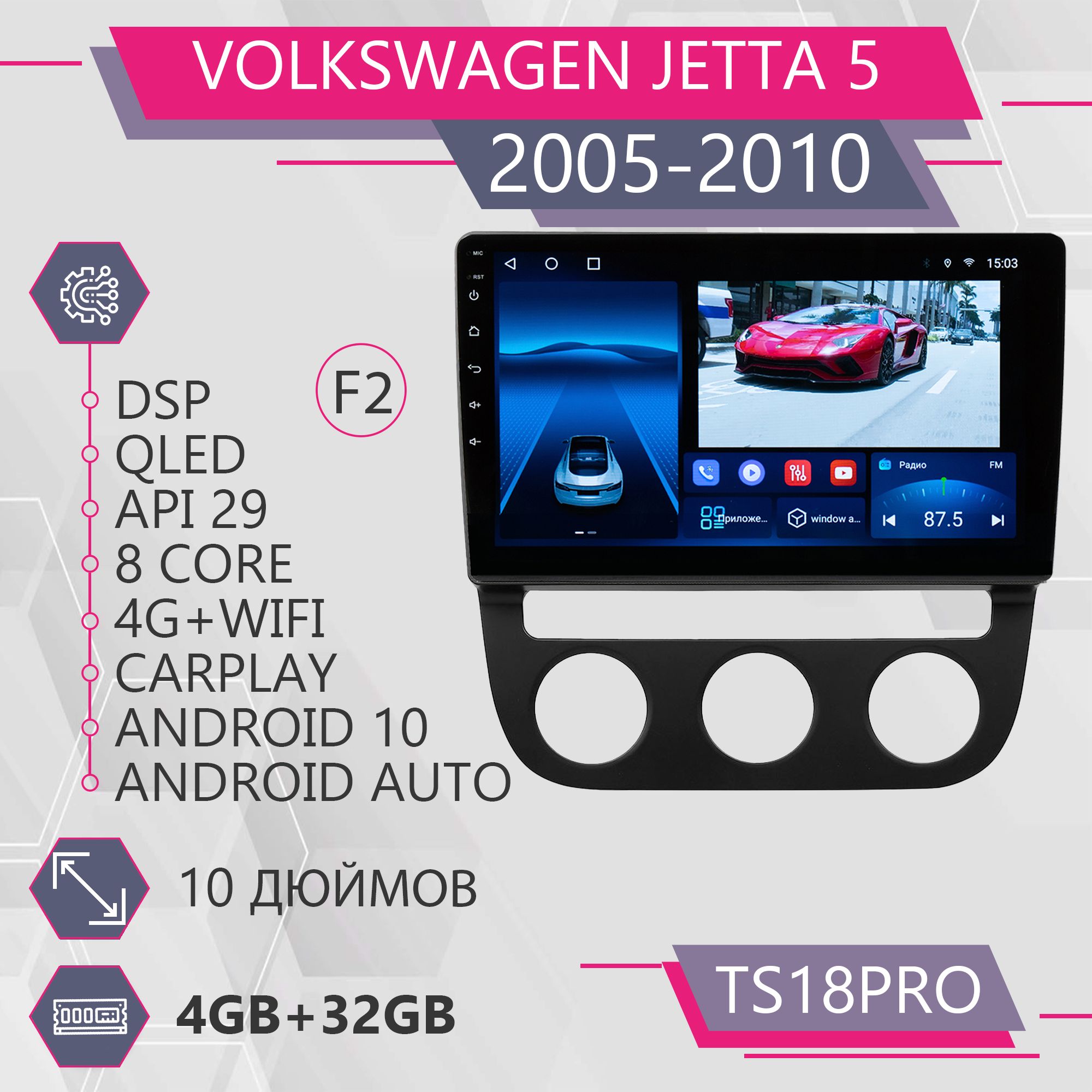 Магнитола Точка Звука TS18Pro для Volkswagen Jetta 5 Фольксваген Комплект F2 4+32GB
