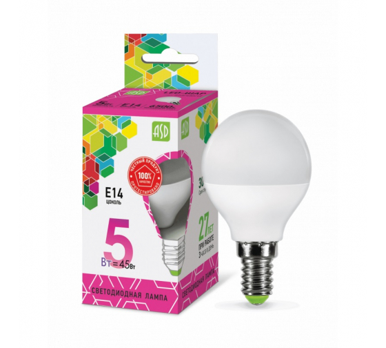 

Лампа светодиодная LED шар-standart 5Вт Е14 230В 6500K 450Лм ASD (10шт), ШАР-standart