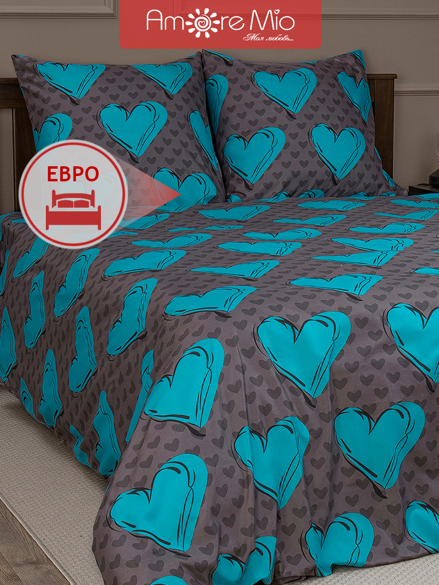 Комплект постельного белья Amore Mio Евро, микрофибра, сердечки, 2 наволочки 70х70